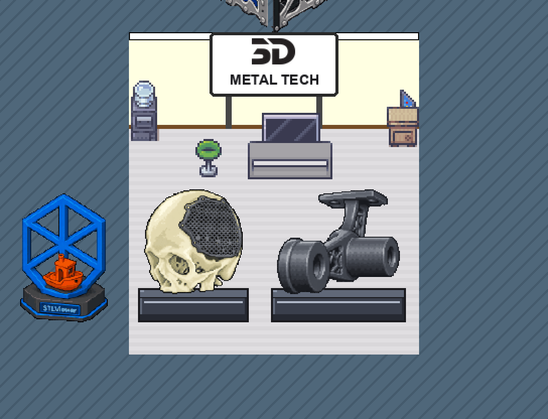 Стенд 3D Metal Tech: табличка з логотипом на стіні, надрукований череп і металевий кронштейн на подіумах