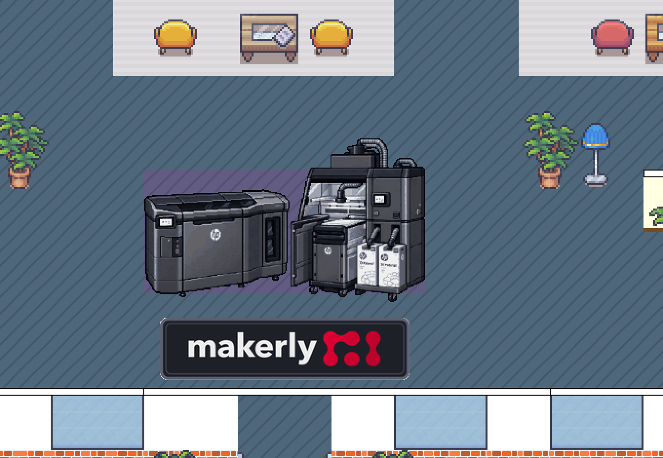 Стенд Makerly: три промислові принтери HP MJF і логотип компанії на підлозі