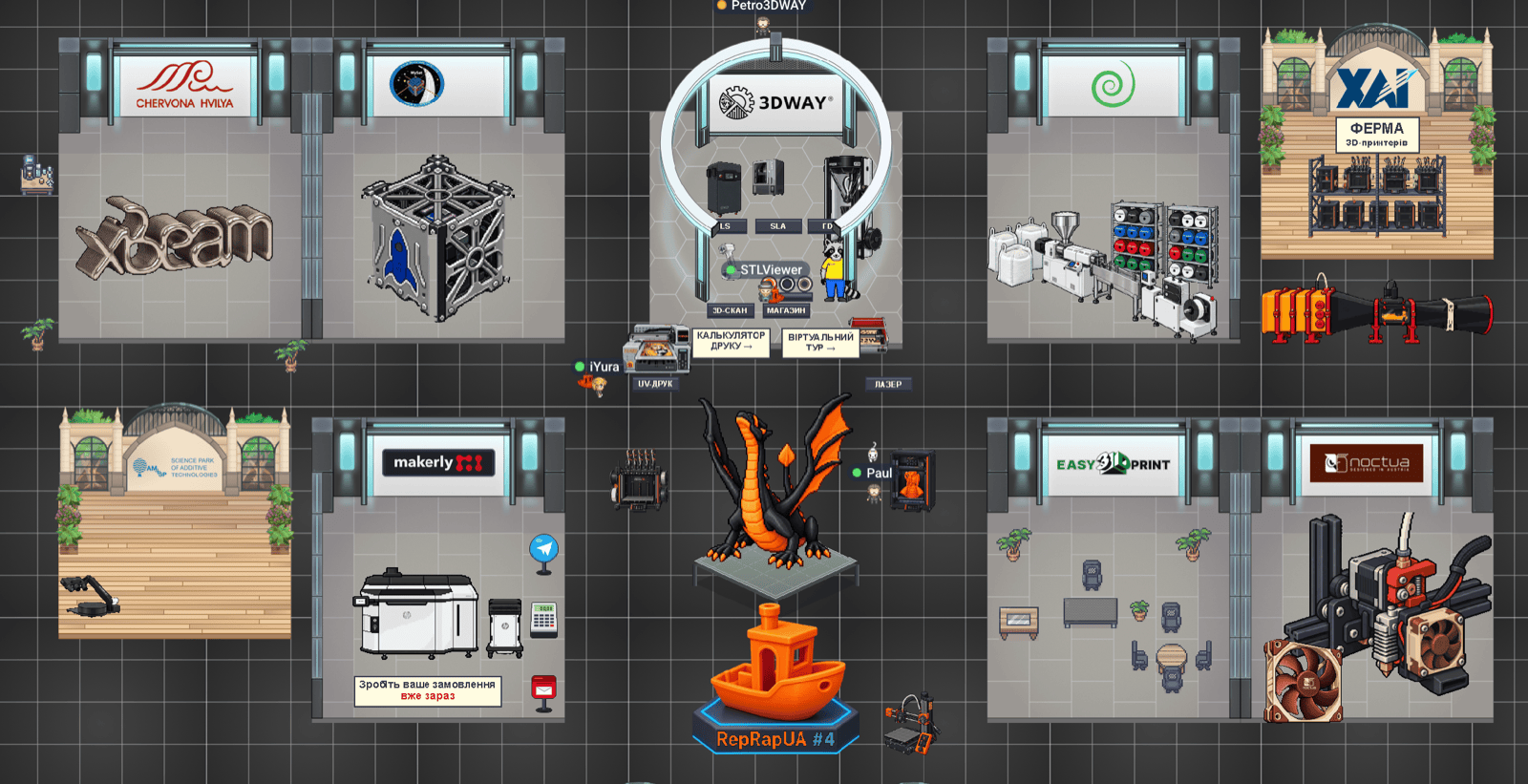The exhibitors pavilion in the festival virtual world: rows of booths with company logos on screens, 3D-printed exhibits, a dragon and a Benchy boat statue in the middle, and participant characters walking between the booths