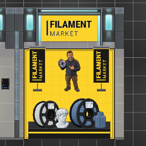 Великий стенд Filament Market: жовта підлога, логотип на екрані, два ролапи, персонаж із котушкою і полиця з котушками філаменту